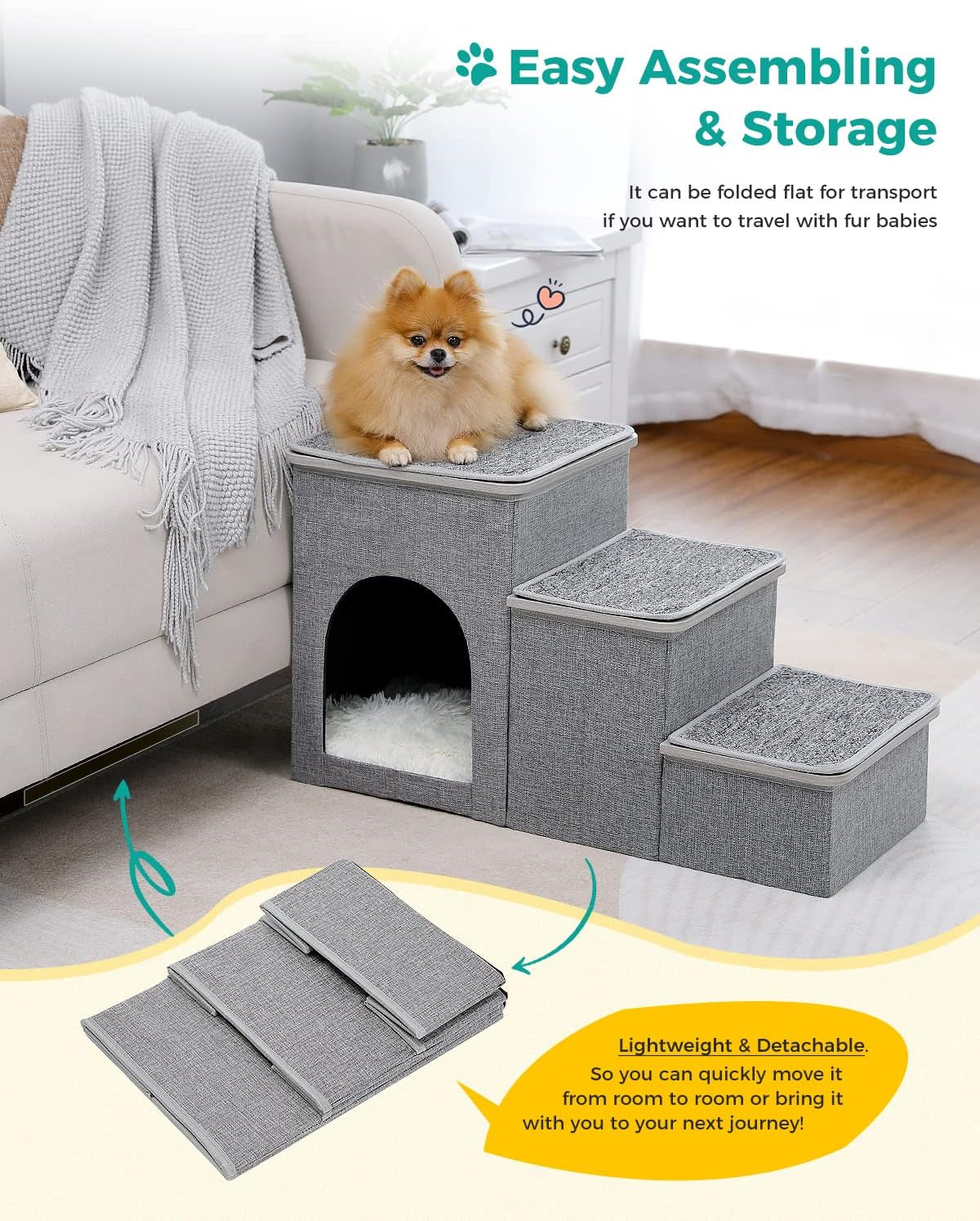 Cat Dog Stairs for Bed, Pet Steps for Small Dogs and Cats, Portable Heavy-Loaded [Up to 120 Lbs] Dog Steps with Storage Box 3-Step to Couch, Doggie Car Ramp for Older Dogs
