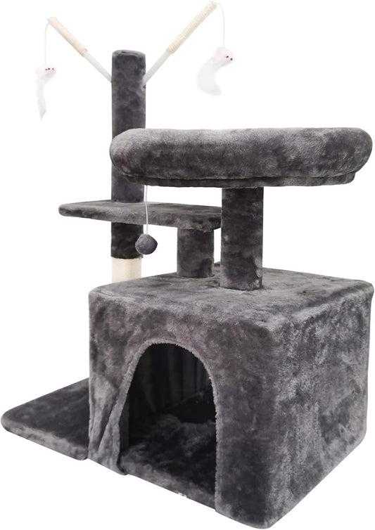 Cat Tree with Scratching Post, Cat Condo Cave, Multifunction Cat Tower, Top Perch, Kitten Plush Toys, Cat Activity Center,Grey