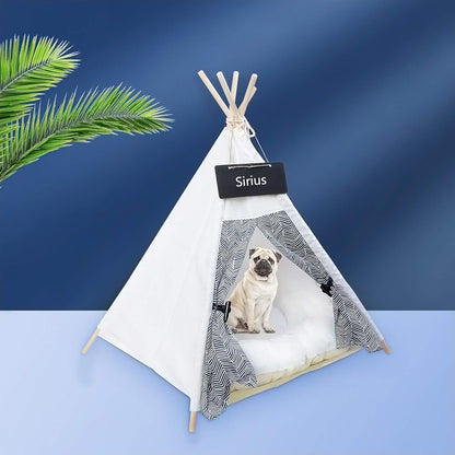 Pet Teepee Tents, Dog & Cat Bed Portable Dog Tents & Pet Houses for Small Dog or Cat with Thick Cushion & Blackboard, White & Stripes