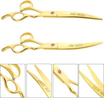 Professional PET DOG Grooming Coated Titanium Scissors Suit Cutting&Curved&Thinning Shears (7.0 Inches, Gold)…