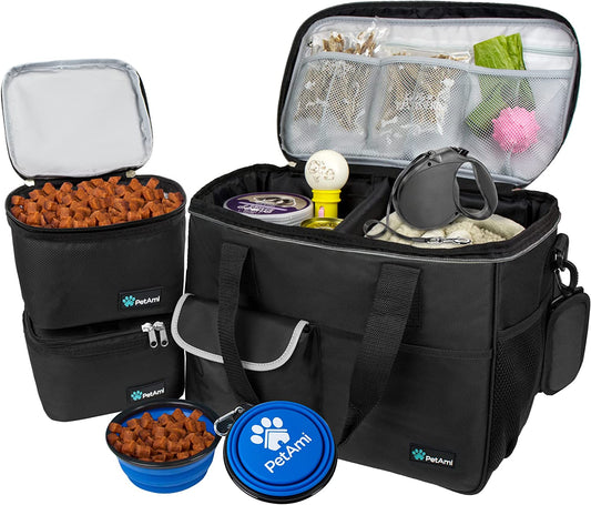 Dog Travel Bag, Travel Pet Bag Organizer, Dog Food Travel Bag with Food Container and Bowls, Dog Travel Supplies Gift Accessories for Weekend Camping, Dog Cat Diaper Bag (Black, Medium)