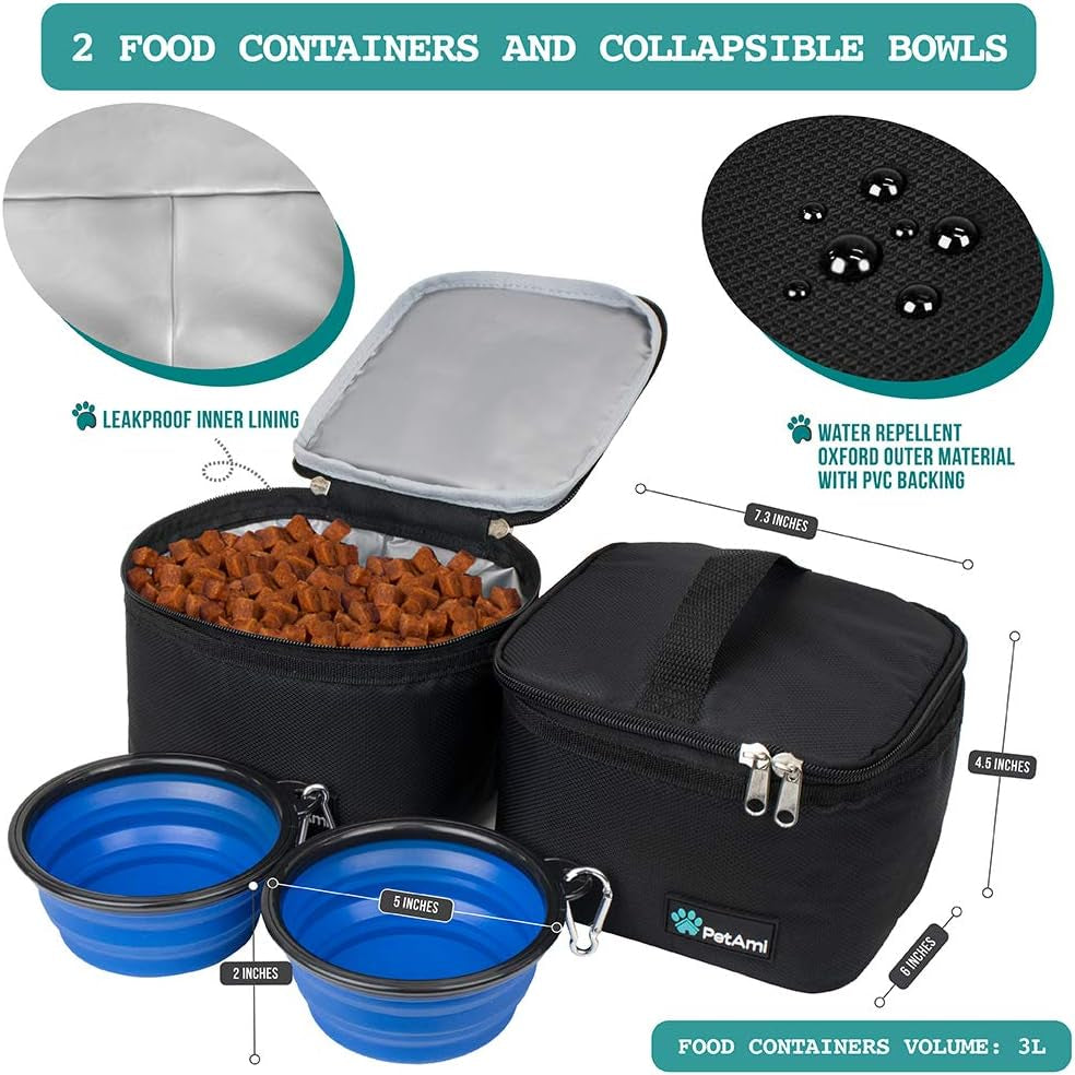 Dog Travel Bag, Travel Pet Bag Organizer, Dog Food Travel Bag with Food Container and Bowls, Dog Travel Supplies Gift Accessories for Weekend Camping, Dog Cat Diaper Bag (Black, Medium)