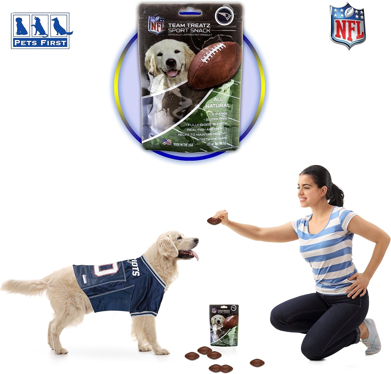 NFL New England Patriots PET GIFT BOX with 2 Licensed DOG TOYS, 1 Logo-Engraved NATURAL DOG TREAT, 1 NFL JERSEY, 1 NFL Puppy Training Bells & 1 Car Seatbelt