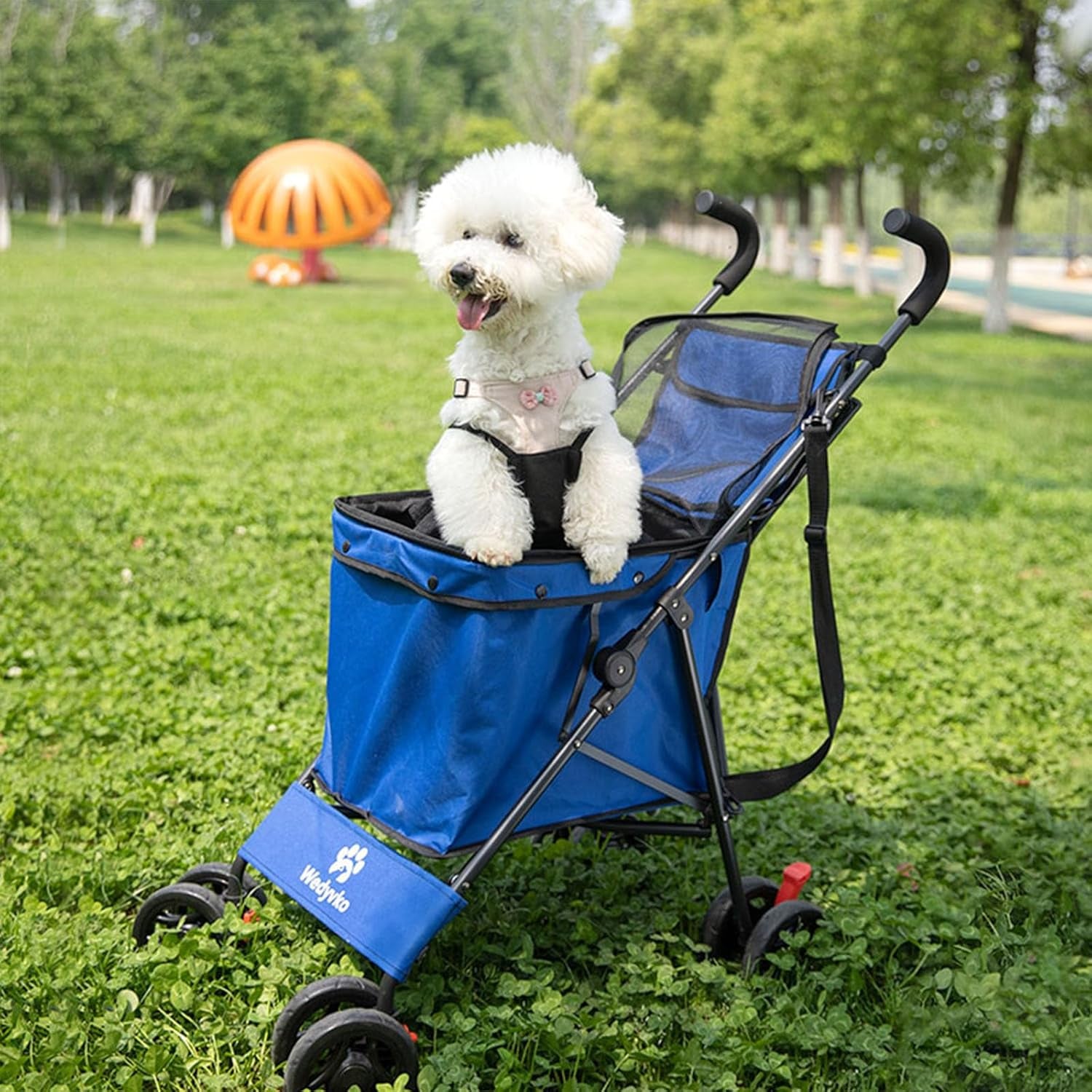 Pet Dog Stroller, 4 Wheel Foldable Cat Dog Stroller with Storage Basket, Handle 360° Front Wheel Rear Wheel with Brake for Small Medium Dogs & Cats (Blue)
