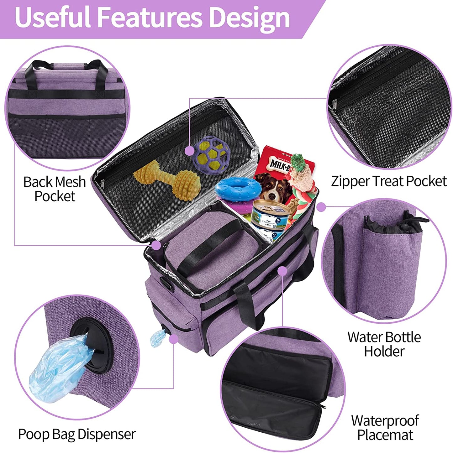 Dog Travel Bag, Airline Approved Pet Tote Organizer with Multi-Function Pockets, Accessories Set Includes Shoulder Strap, 2 Food Storage Containers, 2 Foldable Bowls