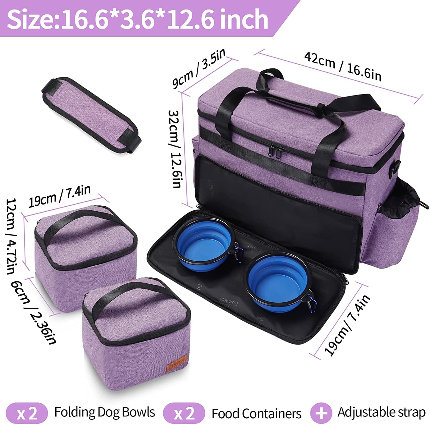 Dog Travel Bag, Airline Approved Pet Tote Organizer with Multi-Function Pockets, Accessories Set Includes Shoulder Strap, 2 Food Storage Containers, 2 Foldable Bowls