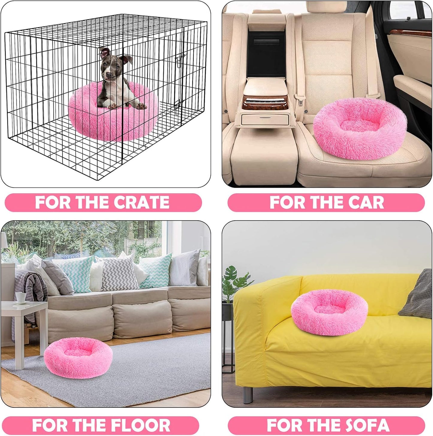 Calming Dog Bed,Cozy Soft round Dog Beds for Medium Large Dogs,Fluffy Plush Cat Beds for Indoor Washable, Warming Donut Pet Beds Big Dog Bed Cushion for Crate Kennel Hot Pink 19.7'