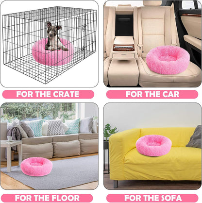 Calming Dog Bed,Cozy Soft round Dog Beds for Medium Large Dogs,Fluffy Plush Cat Beds for Indoor Washable, Warming Donut Pet Beds Big Dog Bed Cushion for Crate Kennel Hot Pink 19.7'