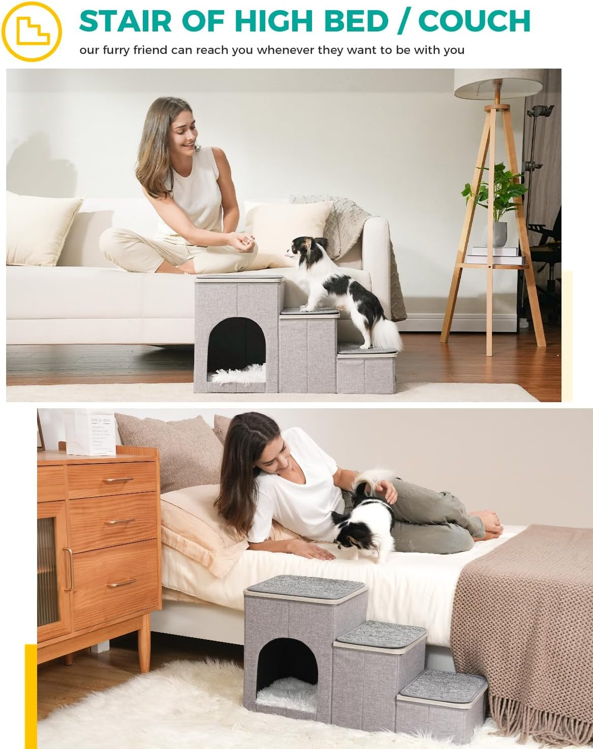 Cat Dog Stairs for Bed, Pet Steps for Small Dogs and Cats, Portable Heavy-Loaded [Up to 120 Lbs] Dog Steps with Storage Box 3-Step to Couch, Doggie Car Ramp for Older Dogs