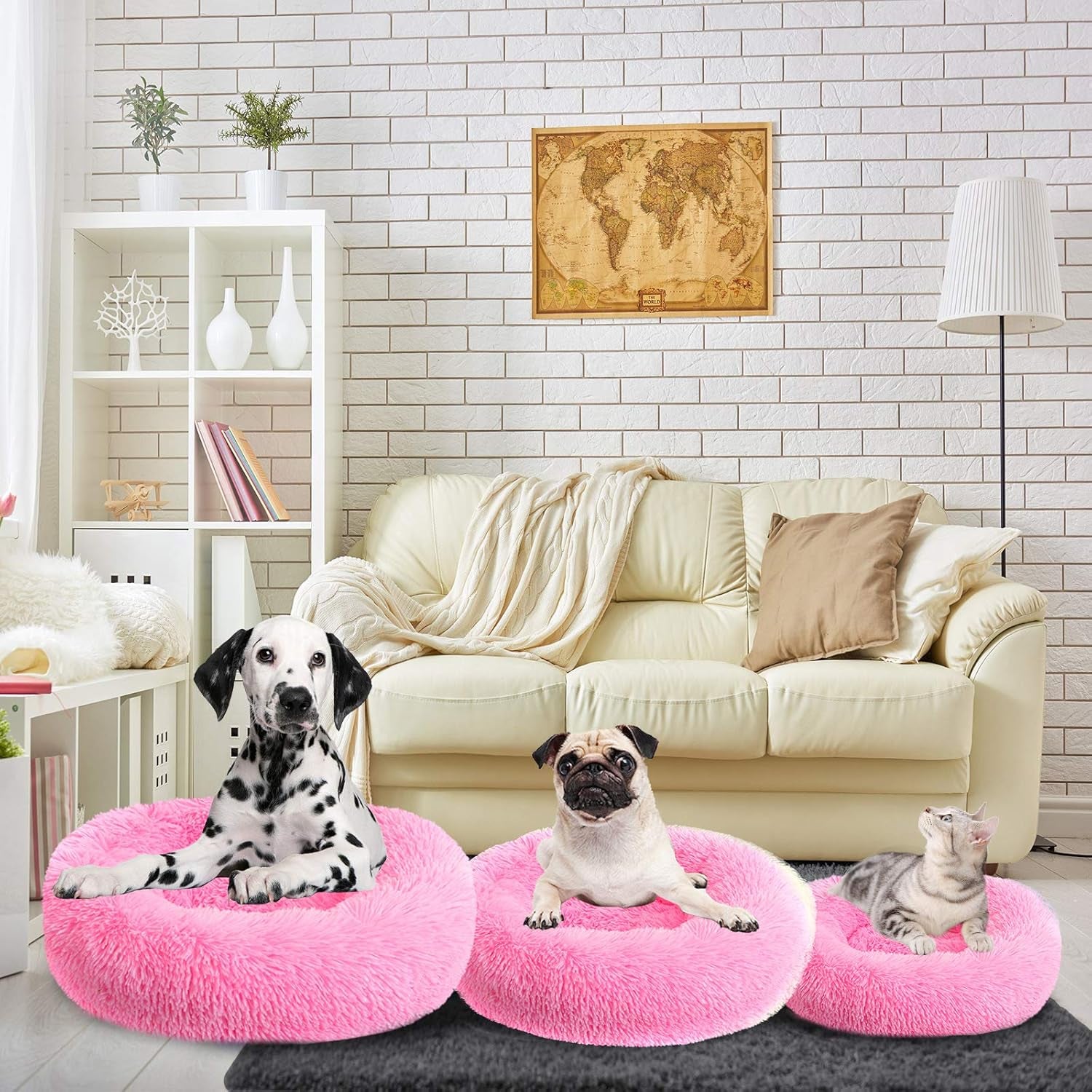 Calming Dog Bed,Cozy Soft round Dog Beds for Medium Large Dogs,Fluffy Plush Cat Beds for Indoor Washable, Warming Donut Pet Beds Big Dog Bed Cushion for Crate Kennel Hot Pink 19.7'
