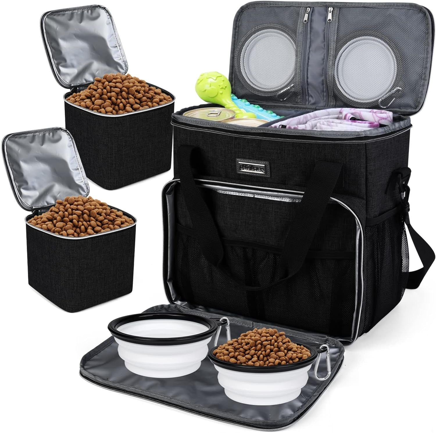 Dog Travel Bag, Pet Travel Bag (All Pet Travel Supplies), with 2 Pet Food Containers and 2 Collapsible Silicone Bowls; Essential Kits for Pet Travel Black