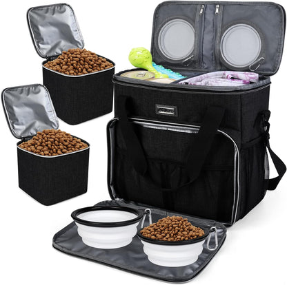 Dog Travel Bag, Pet Travel Bag (All Pet Travel Supplies), with 2 Pet Food Containers and 2 Collapsible Silicone Bowls; Essential Kits for Pet Travel Black