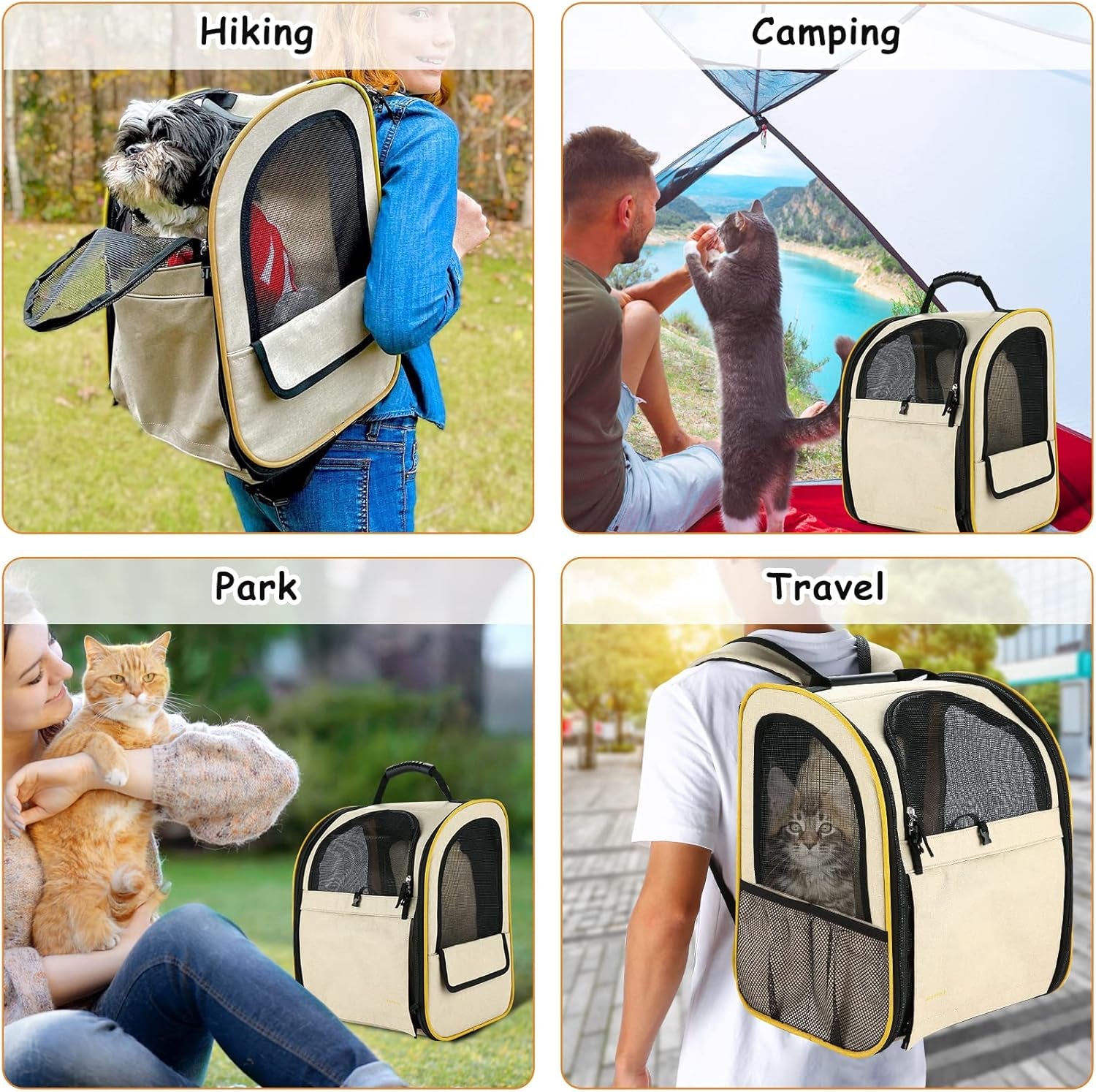 Cat Backpack Carrier, Expandable Pet Carrier Backpack for Small Cats Dogs, Dog Carrier Backpack with Breathable Mesh for Travel Hiking Camping, Hold Pets under 18 Lbs, Khaki