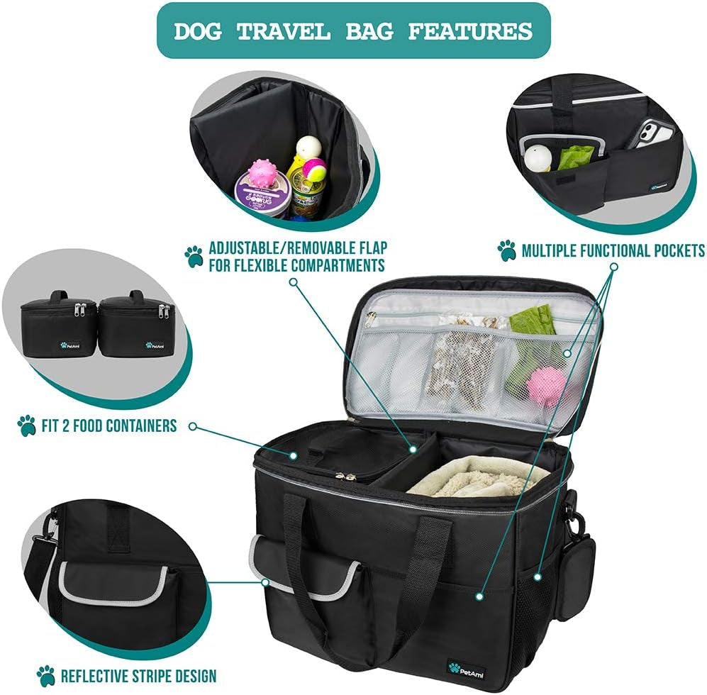 Dog Travel Bag, Travel Pet Bag Organizer, Dog Food Travel Bag with Food Container and Bowls, Dog Travel Supplies Gift Accessories for Weekend Camping, Dog Cat Diaper Bag (Black, Medium)