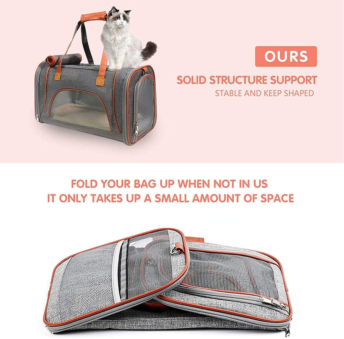 Pet Carrier Bag Portable Cat Dog Travel Carrier Bag, Collapsible Comfortable Breathable Dog Carrier Handbag, Pet Cage with Locking Safety Zippers for Outgoing Travel Hiking (Light Grey)