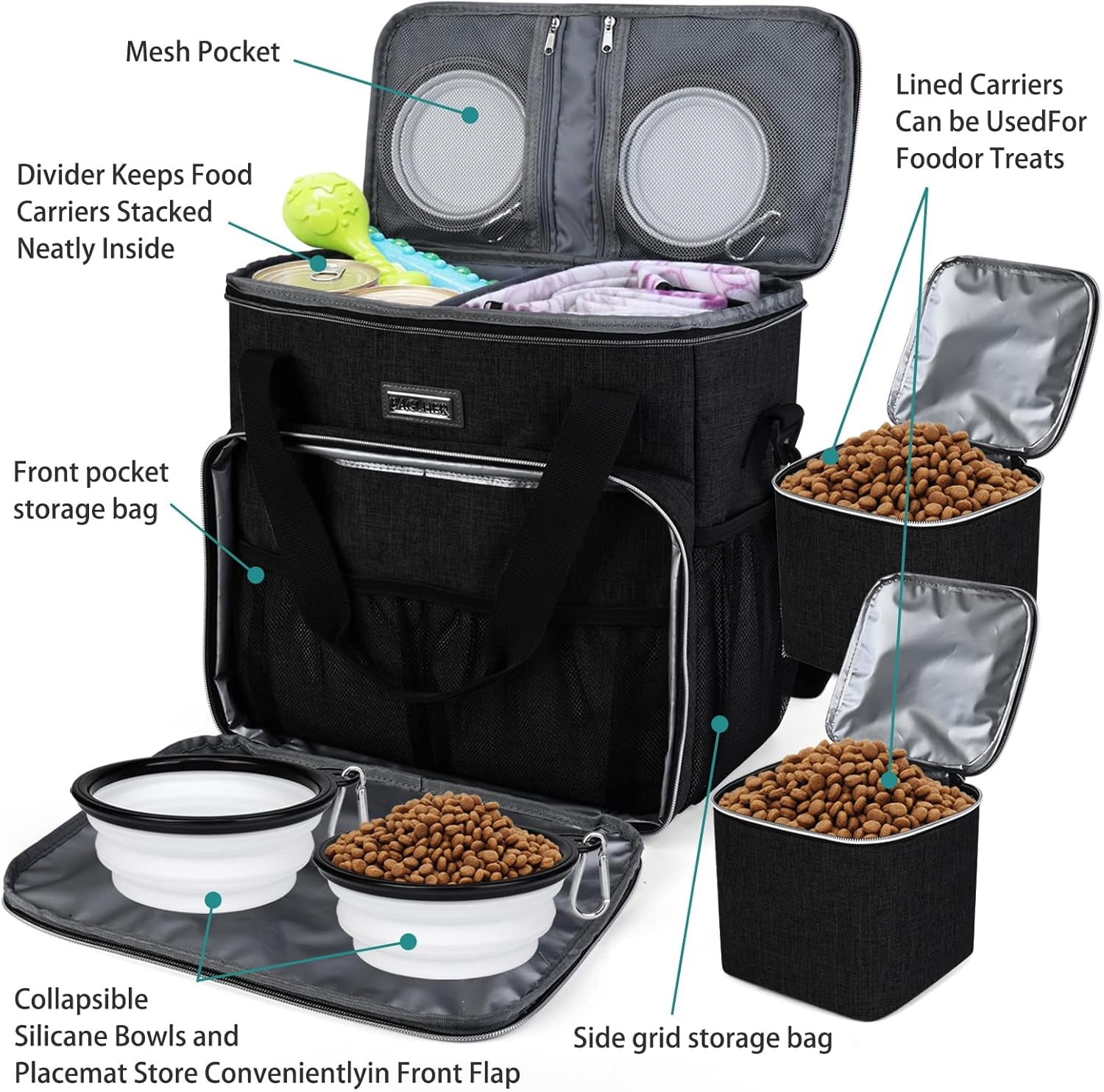 Dog Travel Bag, Pet Travel Bag (All Pet Travel Supplies), with 2 Pet Food Containers and 2 Collapsible Silicone Bowls; Essential Kits for Pet Travel Black