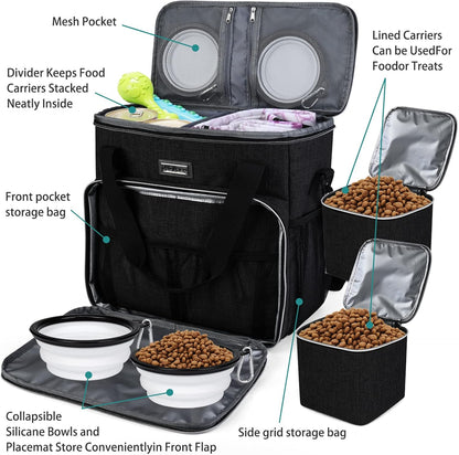 Dog Travel Bag, Pet Travel Bag (All Pet Travel Supplies), with 2 Pet Food Containers and 2 Collapsible Silicone Bowls; Essential Kits for Pet Travel Black