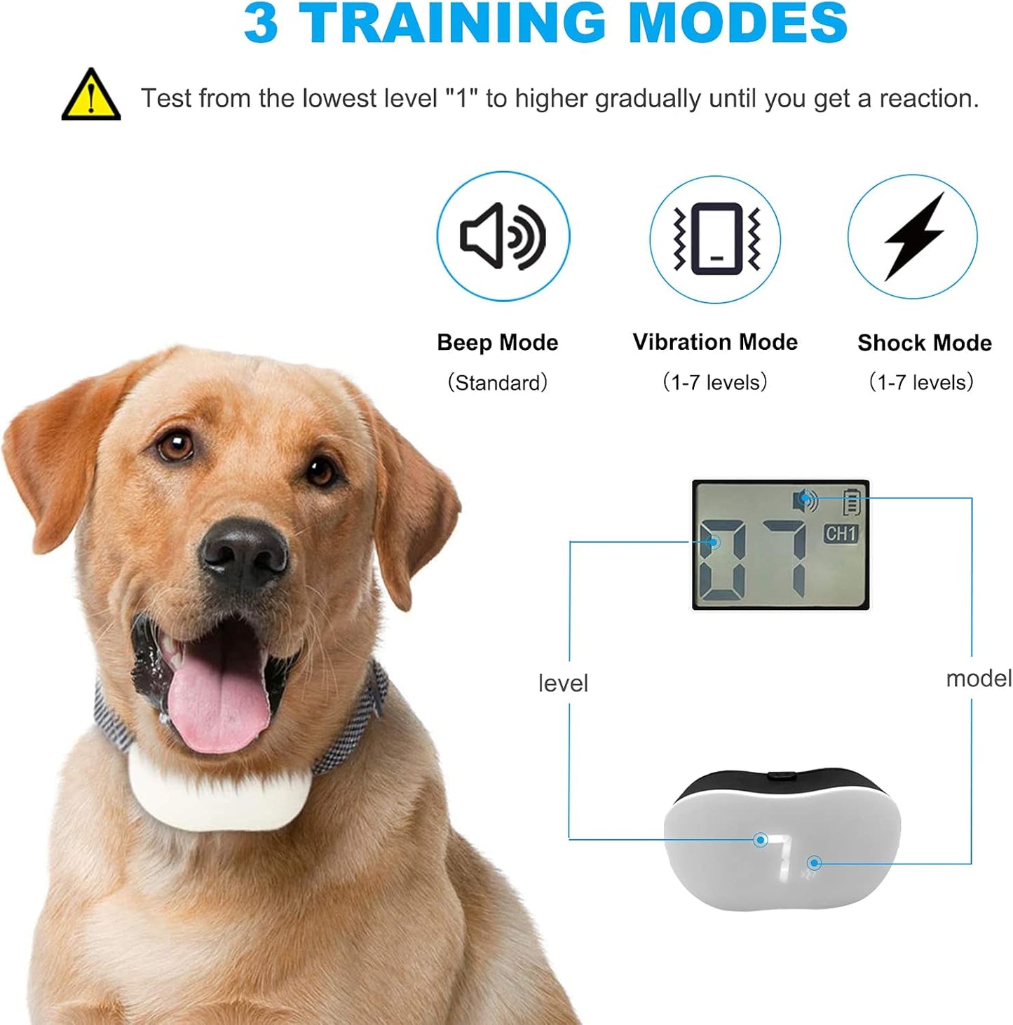 Dog Shock Collar, Rechargeable Waterproof Dog Training Collar with Remote for 8-120Lbs Small Medium Large Dogs Bark Collar with Beep Vibration and Static Shock 3 Training Models