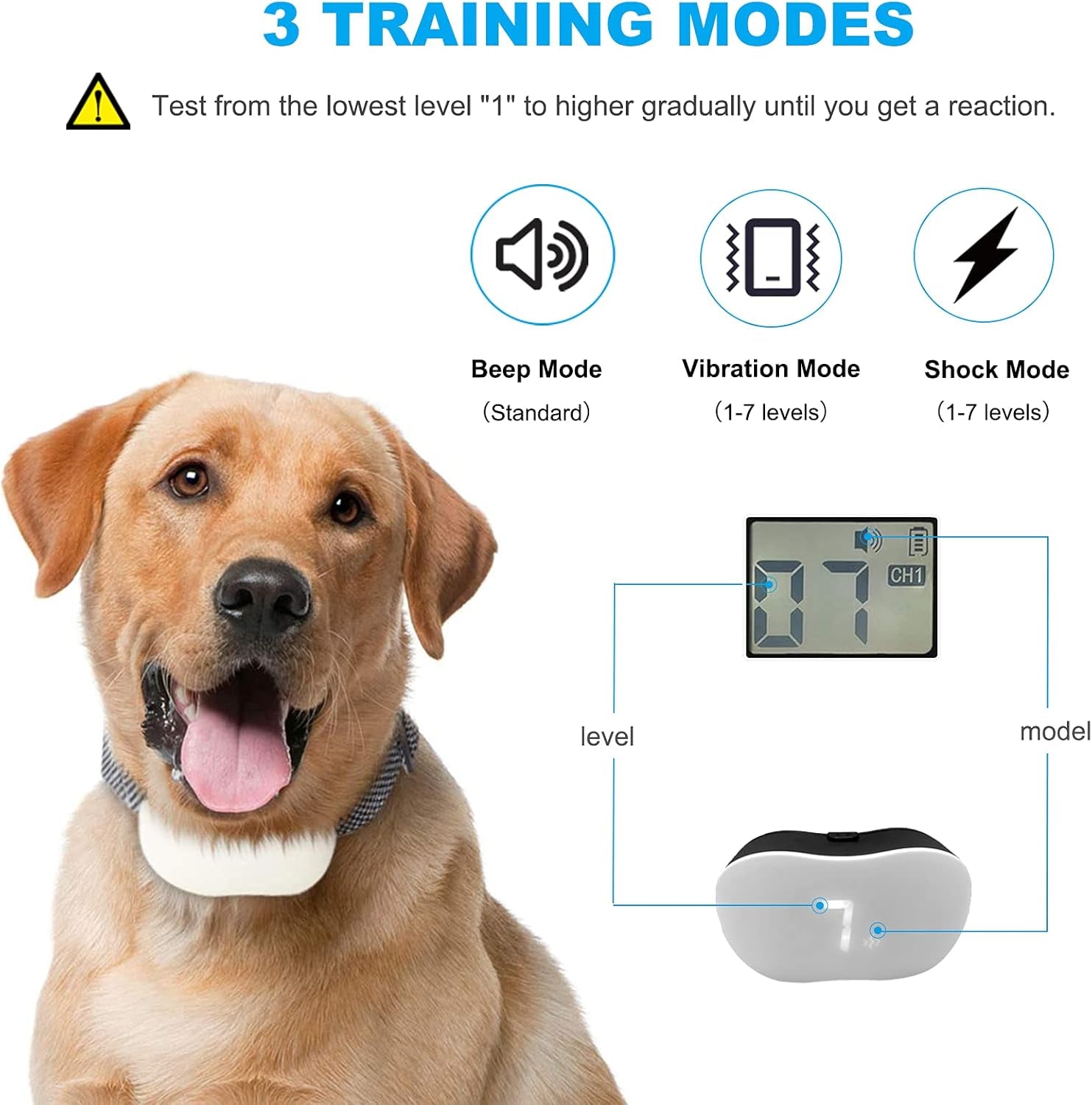 Dog Shock Collar, Rechargeable Waterproof Dog Training Collar with Remote for 8-120Lbs Small Medium Large Dogs Bark Collar with Beep Vibration and Static Shock 3 Training Models