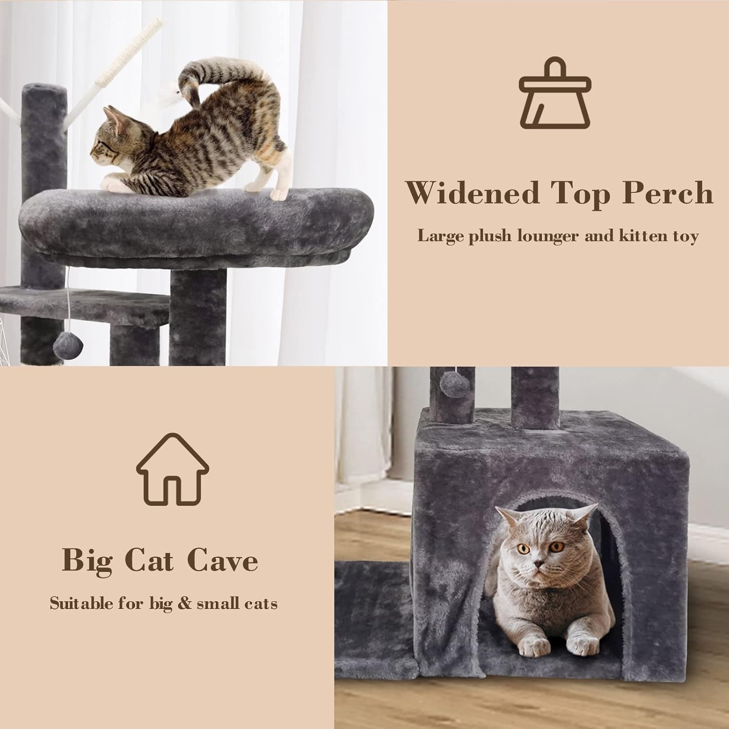 Cat Tree with Scratching Post, Cat Condo Cave, Multifunction Cat Tower, Top Perch, Kitten Plush Toys, Cat Activity Center,Grey