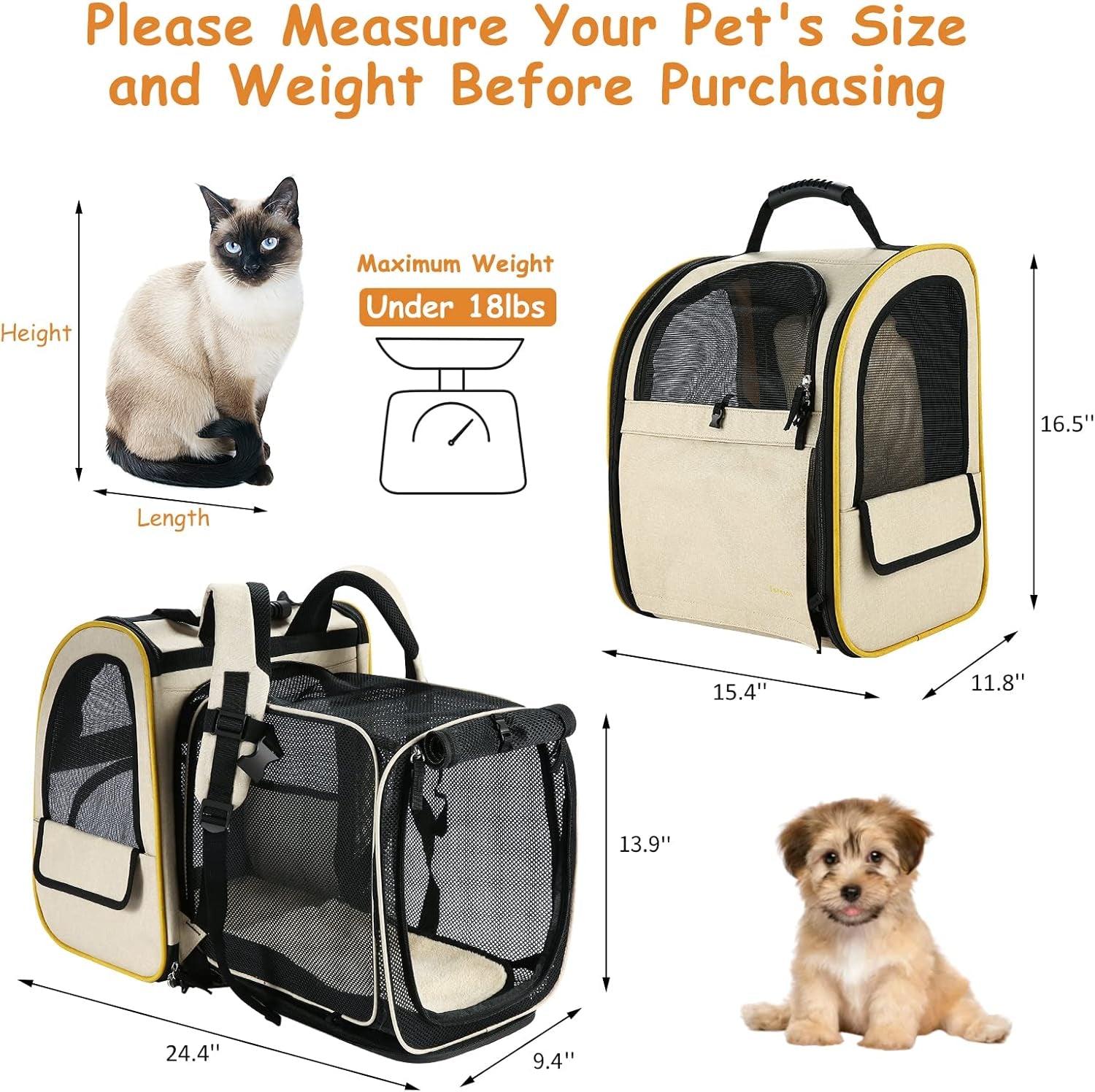 Cat Backpack Carrier, Expandable Pet Carrier Backpack for Small Cats Dogs, Dog Carrier Backpack with Breathable Mesh for Travel Hiking Camping, Hold Pets under 18 Lbs, Khaki
