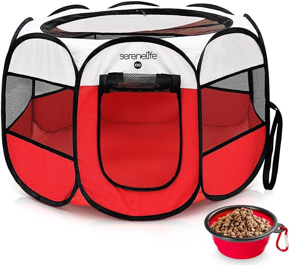 On-The-Go Foldable Portable Pet Tent 8-Panel Playpen for Dog & Cat W/Food/Water Bowl, Mesh Exercise Puppy Playground, Pet House Indoor & Outdoor, Travel & Camping Pet Kennel (Red - Small)