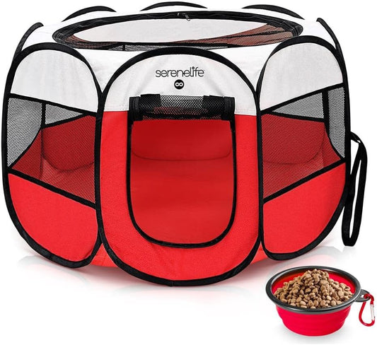 On-The-Go Foldable Portable Pet Tent 8-Panel Playpen for Dog & Cat W/Food/Water Bowl, Mesh Exercise Puppy Playground, Pet House Indoor & Outdoor, Travel & Camping Pet Kennel (Red - Small)