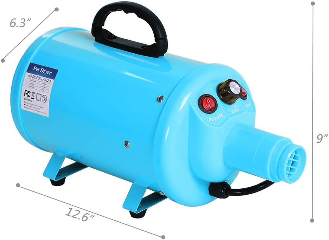 2400W 3.2HP Stepless Adjustable Speed Pet Dryer Dog Hair Dryer Pet Grooming Blower with Heater Quick - 4 Different Nozzles (Single Motor)(Blue)