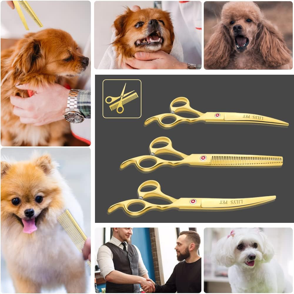 Professional PET DOG Grooming Coated Titanium Scissors Suit Cutting&Curved&Thinning Shears (7.0 Inches, Gold)…