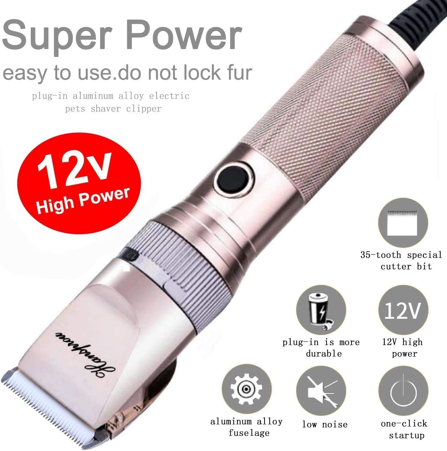 Dog Clippers for Grooming, 12V Dog Hair Clipper, Professional Heavy Duty Pet Grooming Clipper Corded Pet Hair Trimmer for Thick Coats with Guard Combs Brush for Dogs Cats