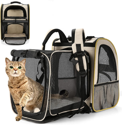 Cat Backpack Carrier, Expandable Pet Carrier Backpack for Small Cats Dogs, Dog Carrier Backpack with Breathable Mesh for Travel Hiking Camping, Hold Pets under 18 Lbs, Khaki