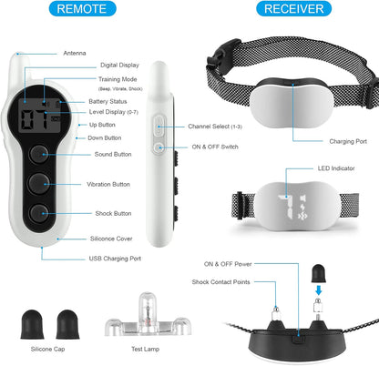 Dog Shock Collar, Rechargeable Waterproof Dog Training Collar with Remote for 8-120Lbs Small Medium Large Dogs Bark Collar with Beep Vibration and Static Shock 3 Training Models