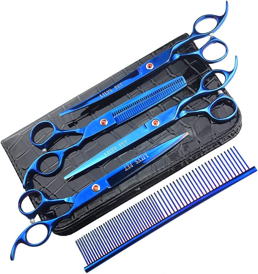 Professional PET DOG Grooming Coated Titanium Scissors Suit Cutting&Curved&Thinning Shears (7.0 Inches, Blue)…