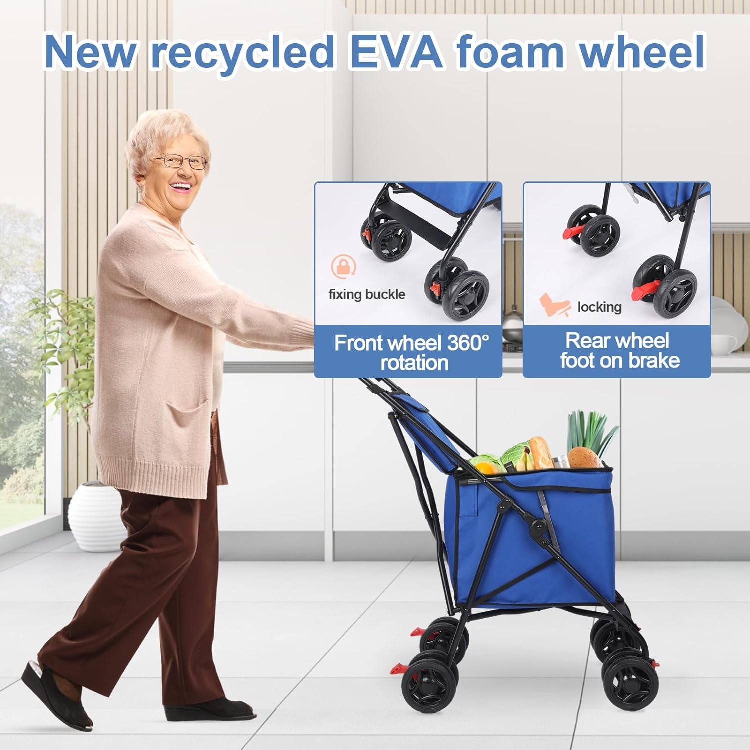 Pet Dog Stroller, 4 Wheel Foldable Cat Dog Stroller with Storage Basket, Handle 360° Front Wheel Rear Wheel with Brake for Small Medium Dogs & Cats (Blue)