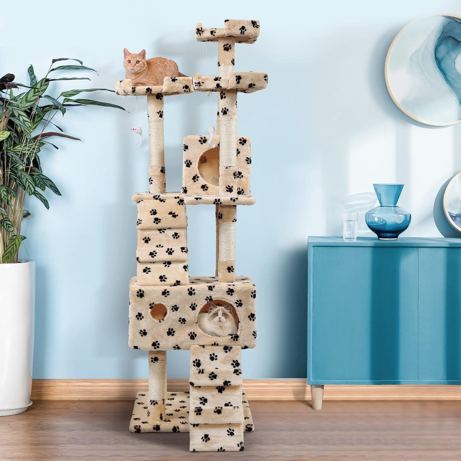 67” Tall Cat Trees and Towers with Scratching Posts Condos Hammock Resting Perch, Indoor Pet Activity Furniture Play House for Large Cats Kitty Kitten