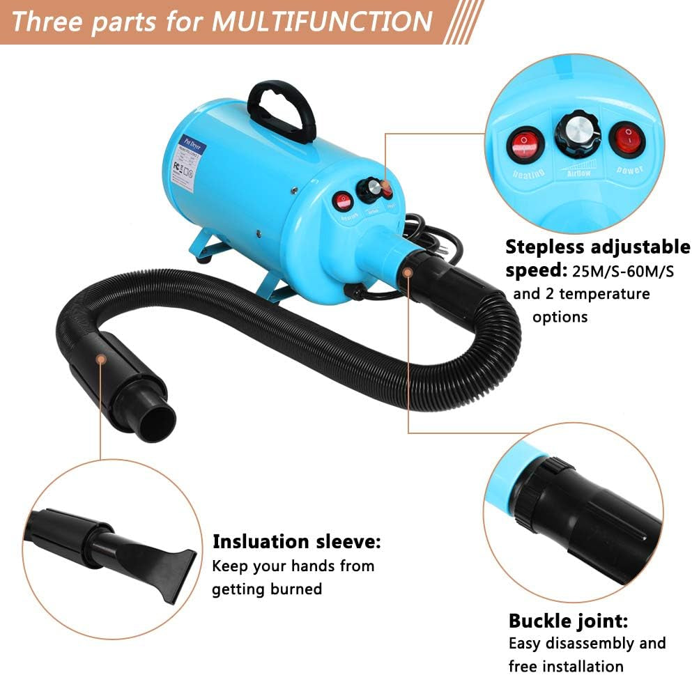 2400W 3.2HP Stepless Adjustable Speed Pet Dryer Dog Hair Dryer Pet Grooming Blower with Heater Quick - 4 Different Nozzles (Single Motor)(Blue)